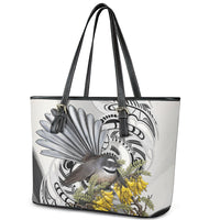 New Zealand Fantail Bird Leather Tote Bag Maori Piwakawaka Kowhai Maori Pattern