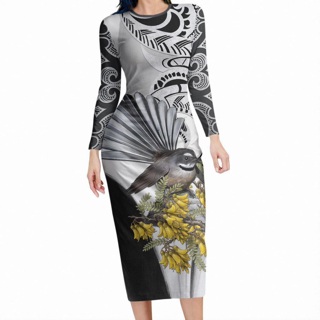 New Zealand Fantail Bird Long Sleeve Bodycon Dress Maori Piwakawaka Kowhai Maori Pattern