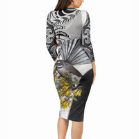 New Zealand Fantail Bird Long Sleeve Bodycon Dress Maori Piwakawaka Kowhai Maori Pattern