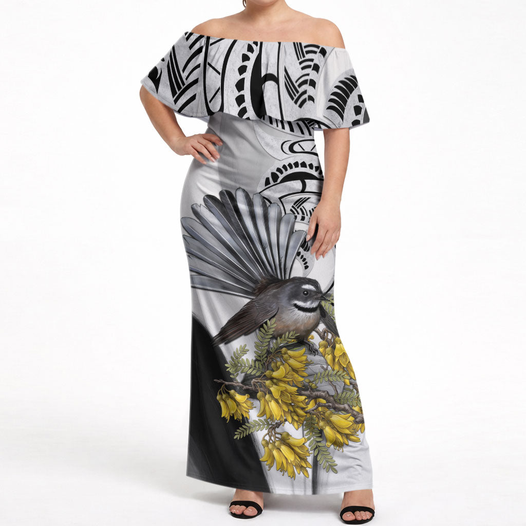 New Zealand Fantail Bird Off Shoulder Maxi Dress Maori Piwakawaka Kowhai Maori Pattern