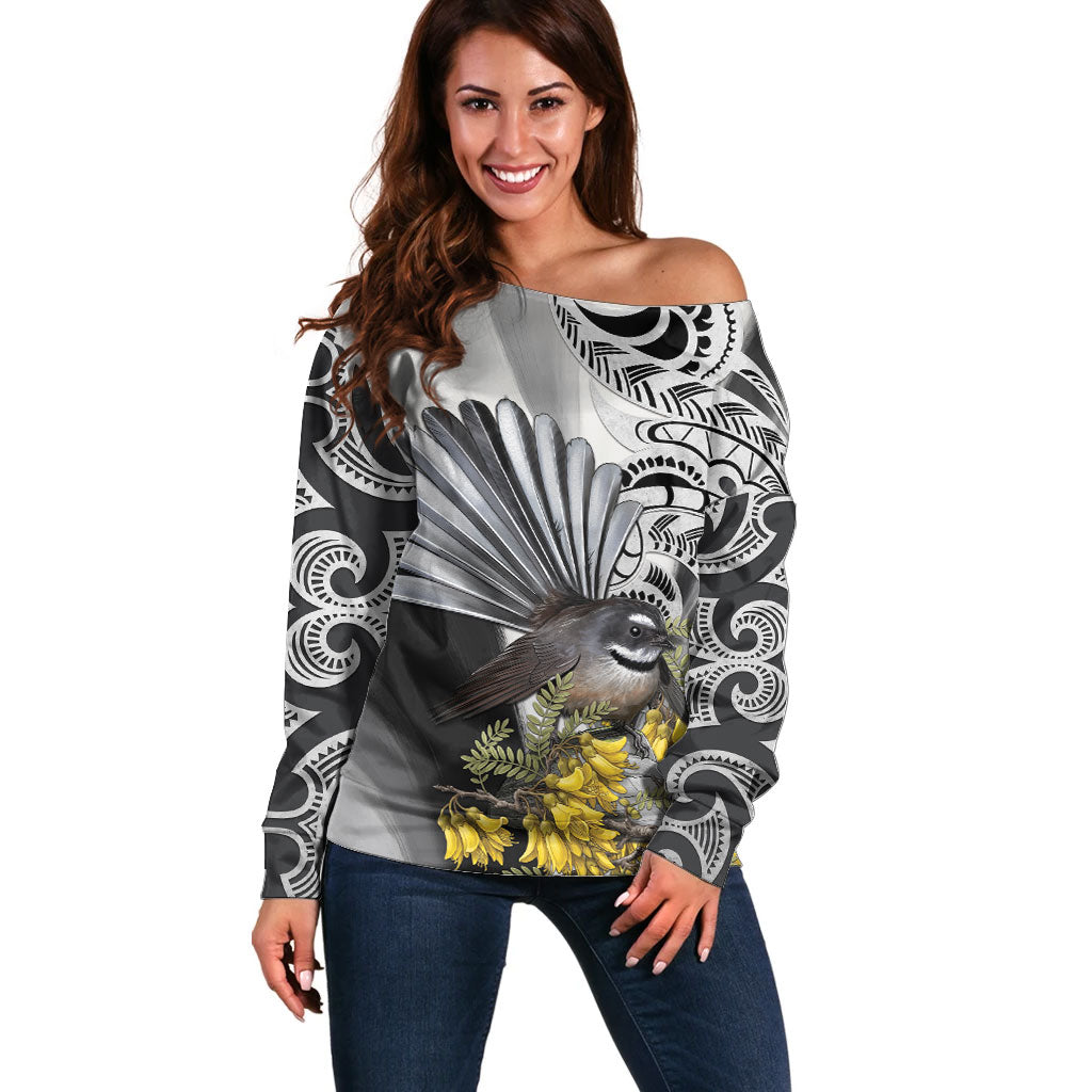 New Zealand Fantail Bird Off Shoulder Sweater Maori Piwakawaka Kowhai Maori Pattern
