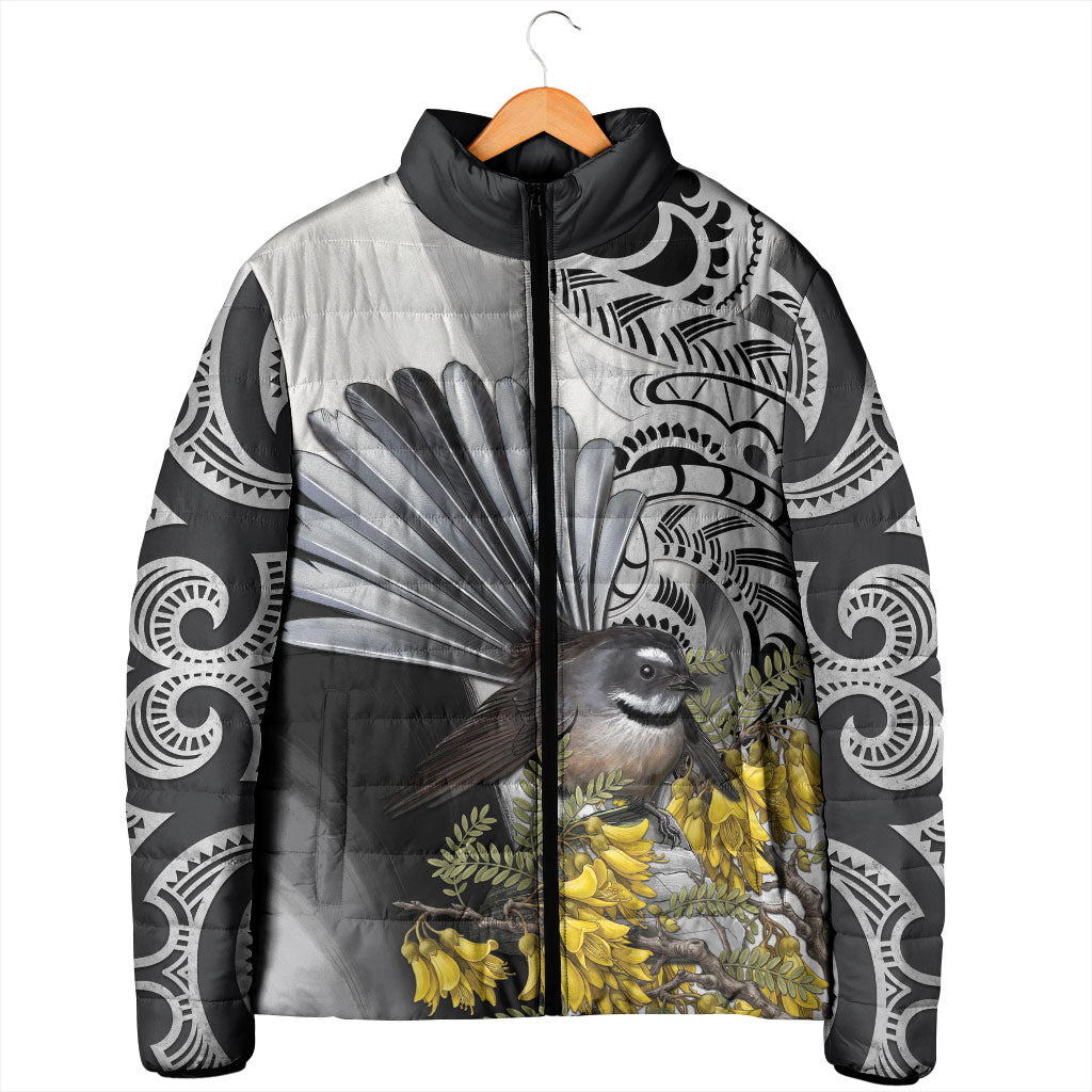 New Zealand Fantail Bird Padded Jacket Maori Piwakawaka Kowhai Maori Pattern