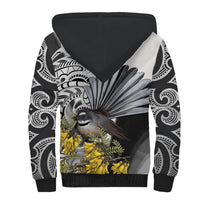 New Zealand Fantail Bird Sherpa Hoodie Maori Piwakawaka Kowhai Maori Pattern