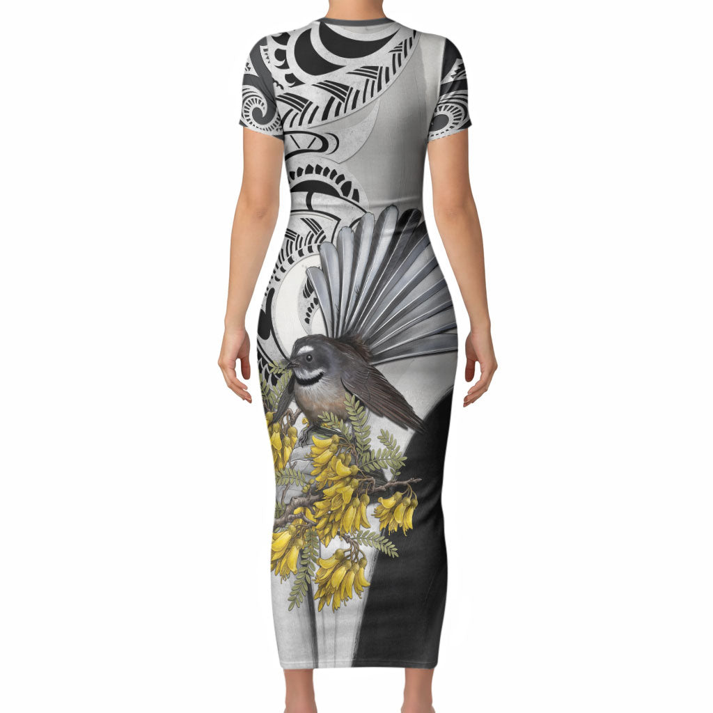 New Zealand Fantail Bird Short Sleeve Bodycon Dress Maori Piwakawaka Kowhai Maori Pattern