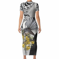 New Zealand Fantail Bird Short Sleeve Bodycon Dress Maori Piwakawaka Kowhai Maori Pattern