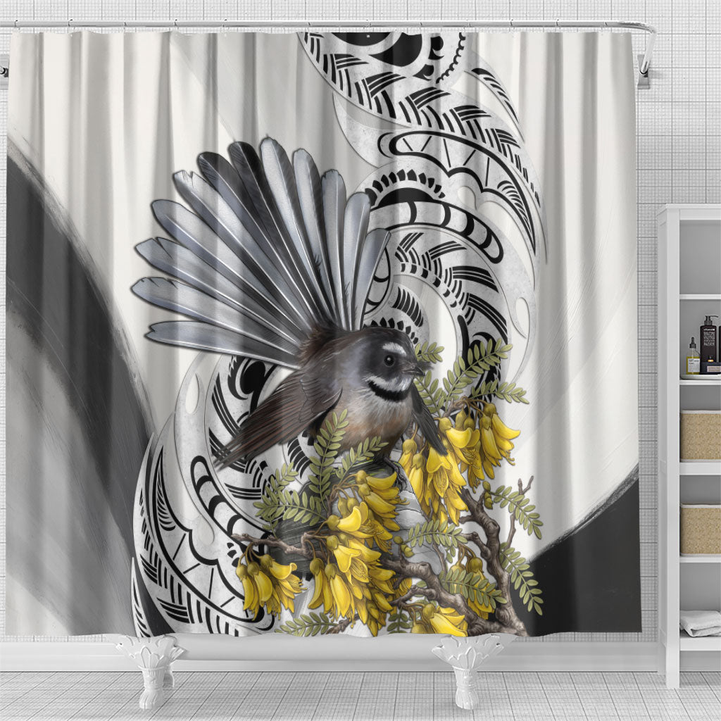 New Zealand Fantail Bird Shower Curtain Maori Piwakawaka Kowhai Maori Pattern