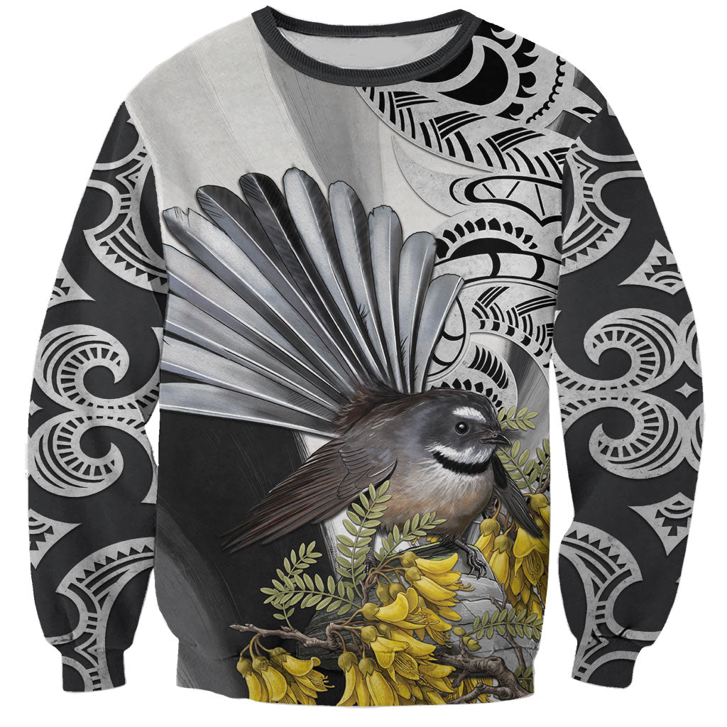 New Zealand Fantail Bird Sweatshirt Maori Piwakawaka Kowhai Maori Pattern