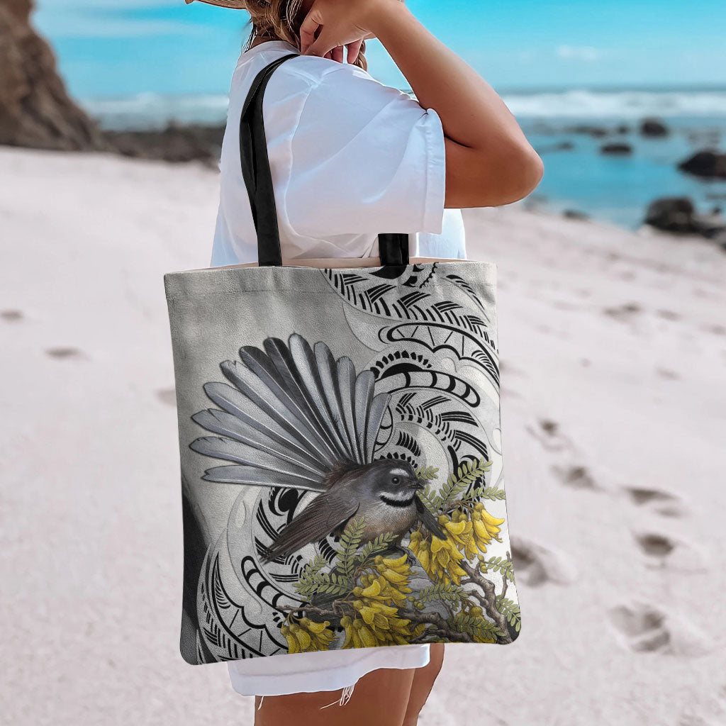 New Zealand Fantail Bird Tote Bag Maori Piwakawaka Kowhai Maori Pattern
