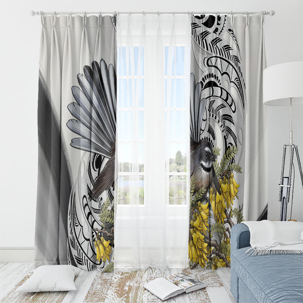 New Zealand Fantail Bird Window Curtain Maori Piwakawaka Kowhai Maori Pattern