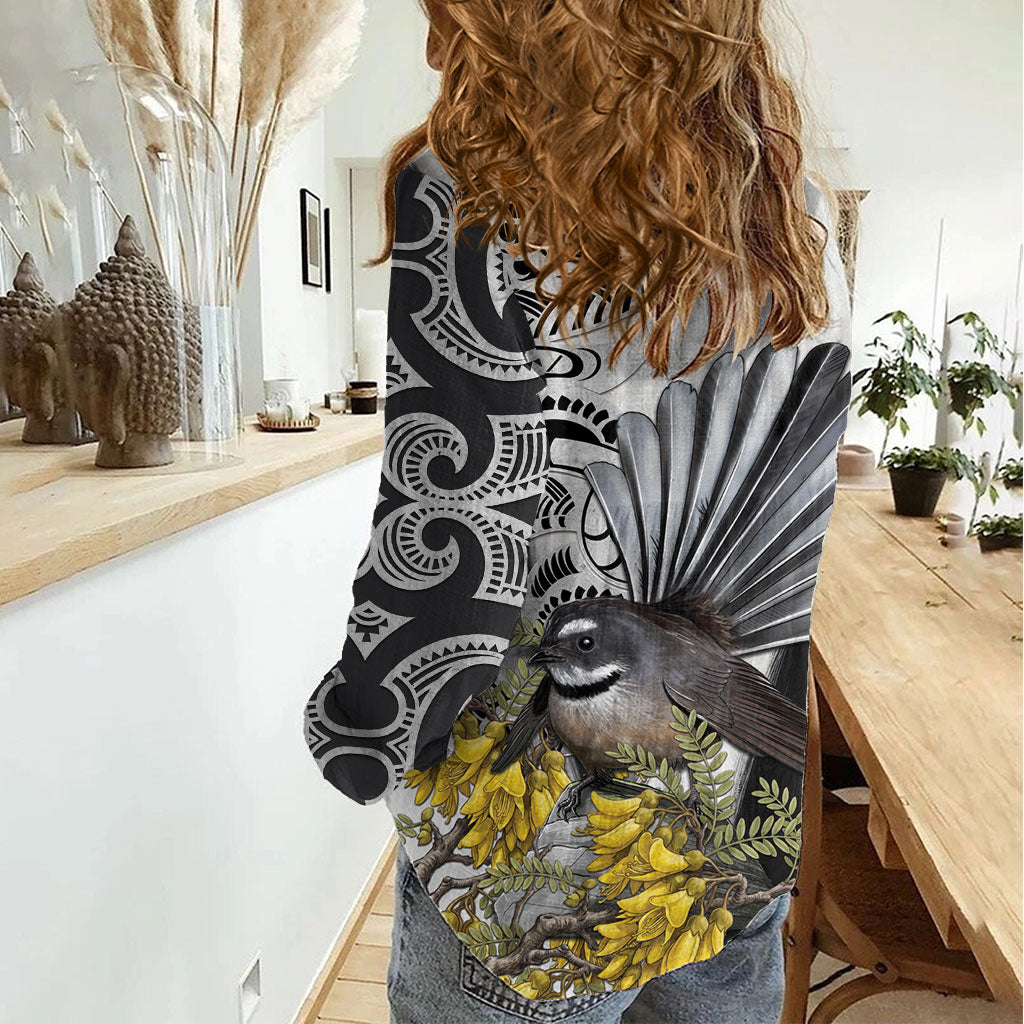 New Zealand Fantail Bird Women Casual Shirt Maori Piwakawaka Kowhai Maori Pattern