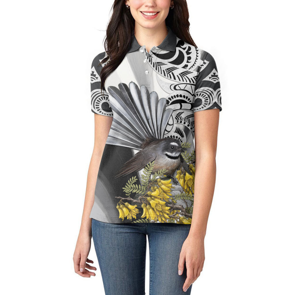 New Zealand Fantail Bird Women Polo Shirt Maori Piwakawaka Kowhai Maori Pattern