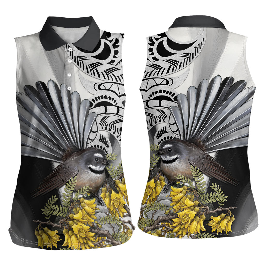 New Zealand Fantail Bird Women Sleeveless Polo Shirt Maori Piwakawaka Kowhai Maori Pattern