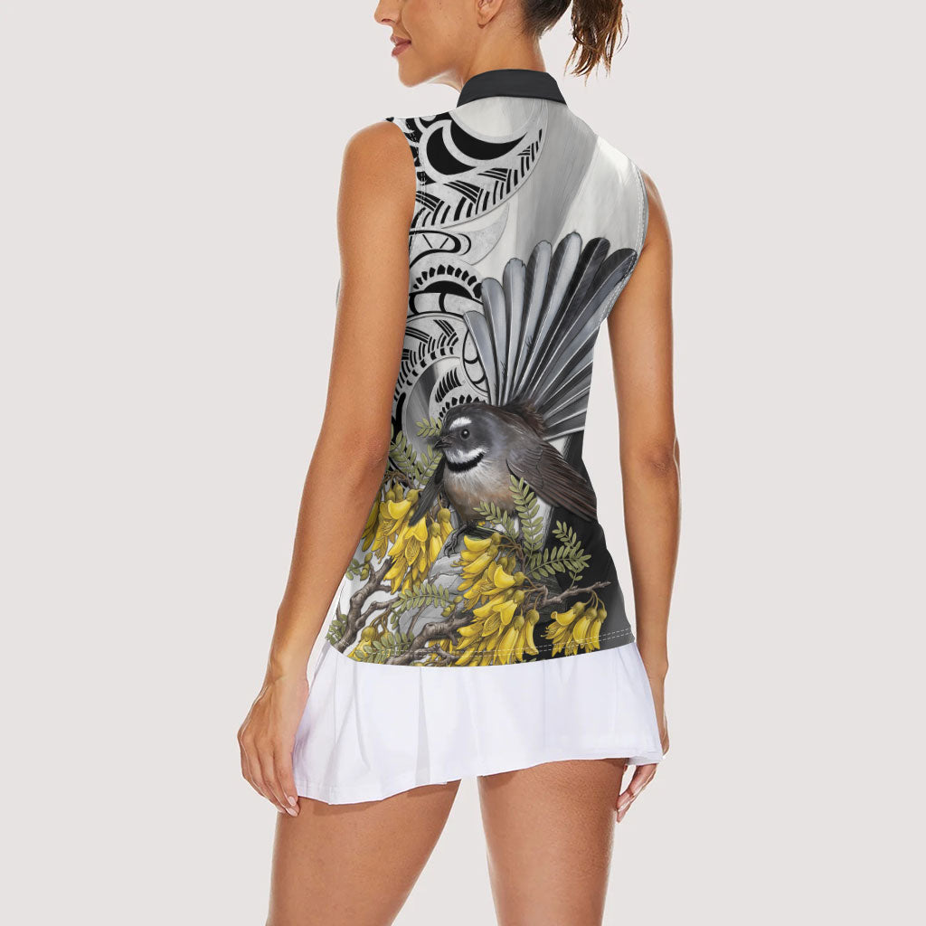 New Zealand Fantail Bird Women Sleeveless Polo Shirt Maori Piwakawaka Kowhai Maori Pattern
