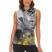 New Zealand Fantail Bird Women Sleeveless Polo Shirt Maori Piwakawaka Kowhai Maori Pattern