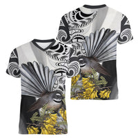 New Zealand Fantail Bird Women V-Neck T-Shirt Maori Piwakawaka Kowhai Maori Pattern