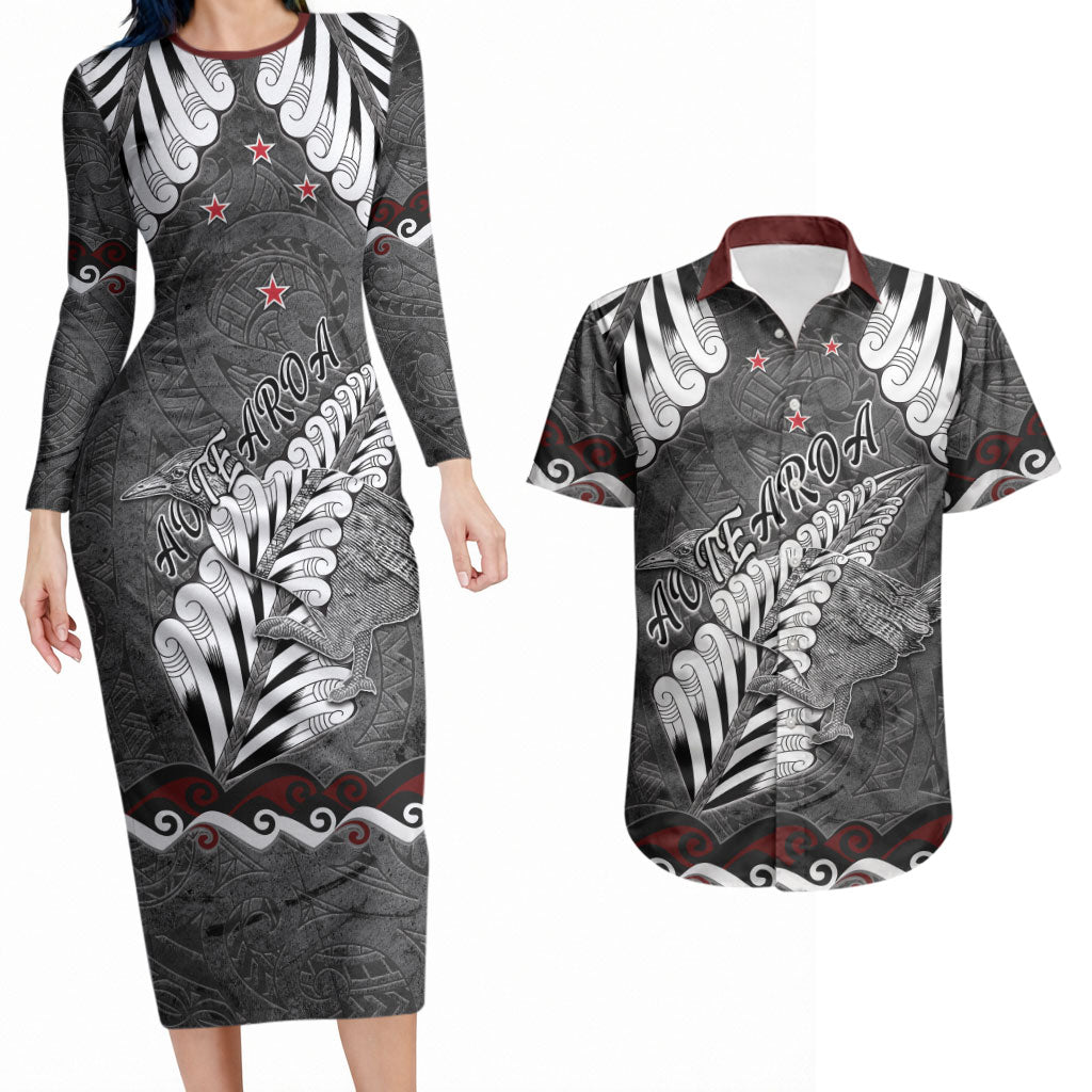New Zealand Weka Personalised Couples Matching Long Sleeve Bodycon Dress and Hawaiian Shirt Aotearoa Hen Silver Fern Maori Pattern LT22 Black - Polynesian Pride