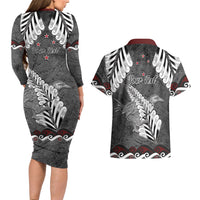 New Zealand Weka Personalised Couples Matching Long Sleeve Bodycon Dress and Hawaiian Shirt Aotearoa Hen Silver Fern Maori Pattern