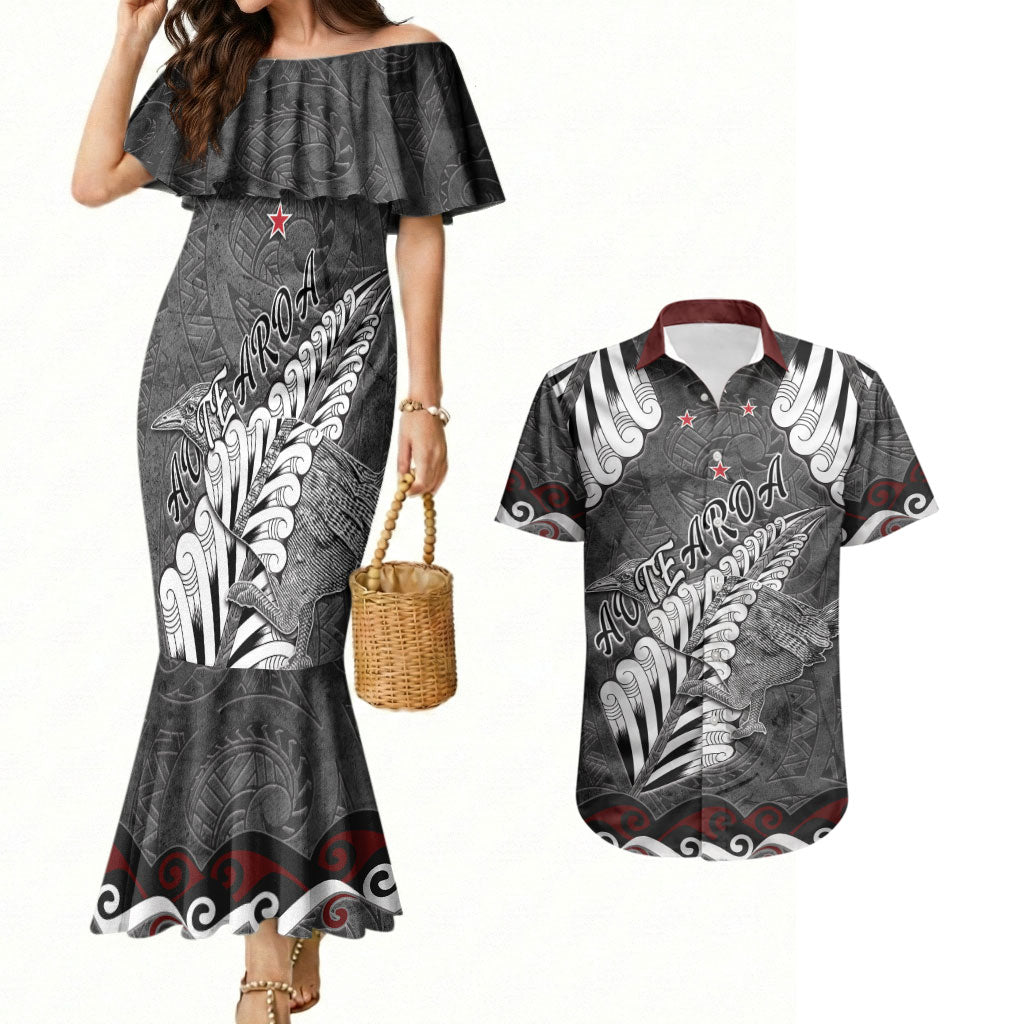 New Zealand Weka Personalised Couples Matching Mermaid Dress and Hawaiian Shirt Aotearoa Hen Silver Fern Maori Pattern LT22 Black - Polynesian Pride