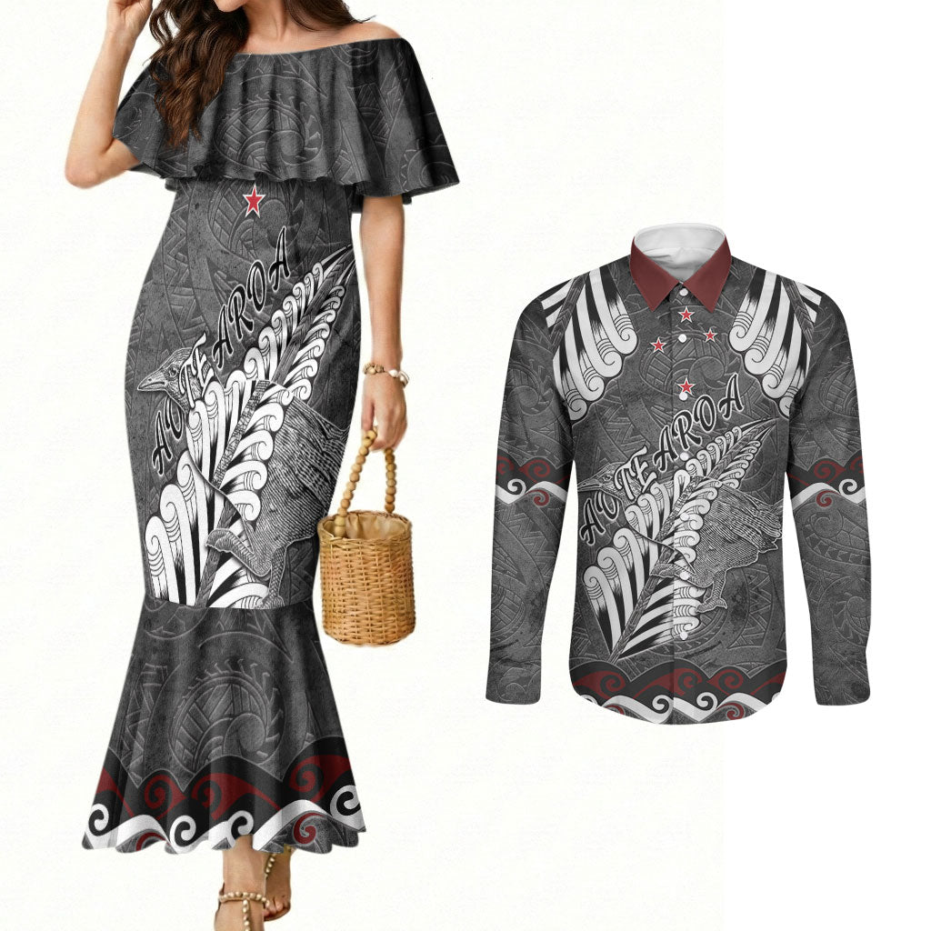 New Zealand Weka Personalised Couples Matching Mermaid Dress and Long Sleeve Button Shirt Aotearoa Hen Silver Fern Maori Pattern LT22 Black - Polynesian Pride