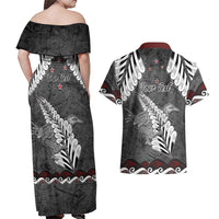 New Zealand Weka Personalised Couples Matching Off Shoulder Maxi Dress and Hawaiian Shirt Aotearoa Hen Silver Fern Maori Pattern