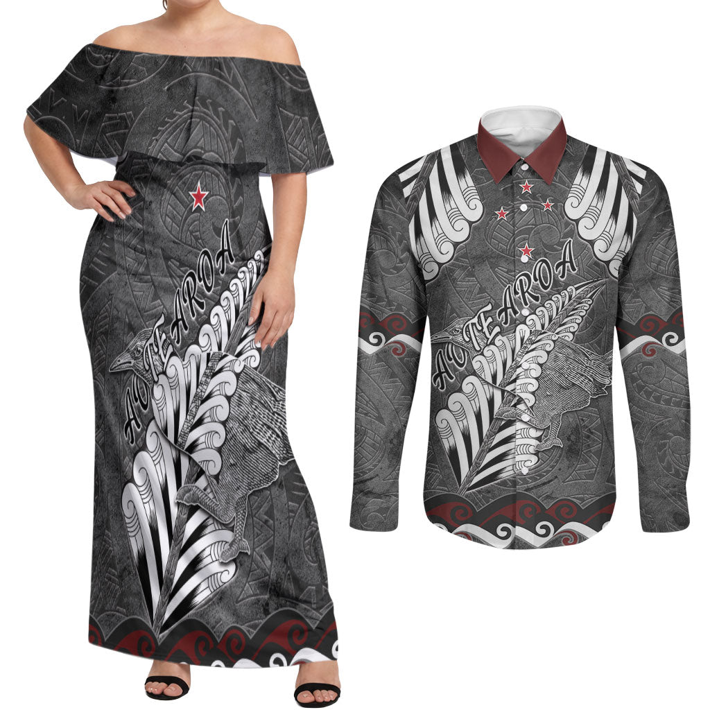 New Zealand Weka Personalised Couples Matching Off Shoulder Maxi Dress and Long Sleeve Button Shirt Aotearoa Hen Silver Fern Maori Pattern LT22 Black - Polynesian Pride