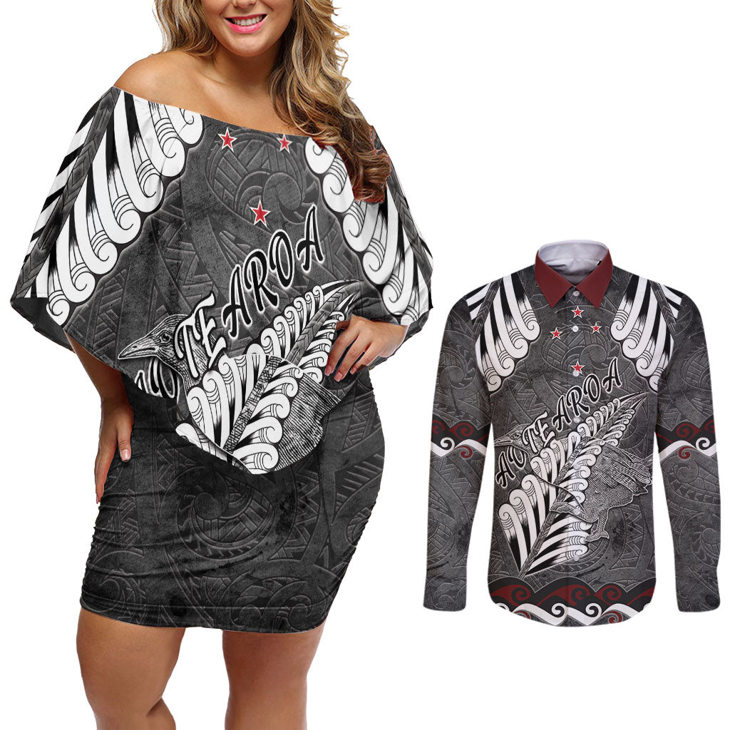 New Zealand Weka Personalised Couples Matching Off Shoulder Short Dress and Long Sleeve Button Shirt Aotearoa Hen Silver Fern Maori Pattern