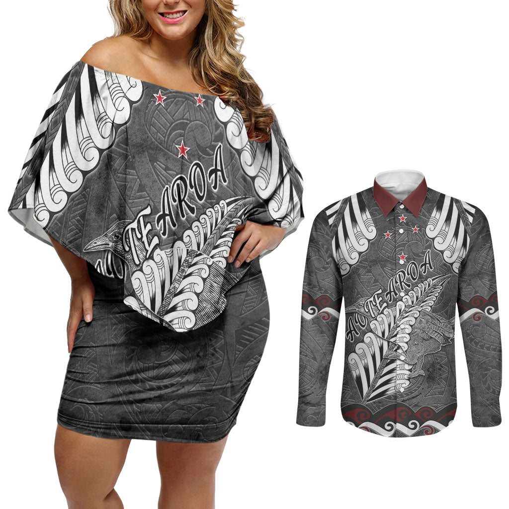 New Zealand Weka Personalised Couples Matching Off Shoulder Short Dress and Long Sleeve Button Shirt Aotearoa Hen Silver Fern Maori Pattern LT22 Black - Polynesian Pride