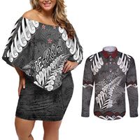 New Zealand Weka Personalised Couples Matching Off Shoulder Short Dress and Long Sleeve Button Shirt Aotearoa Hen Silver Fern Maori Pattern