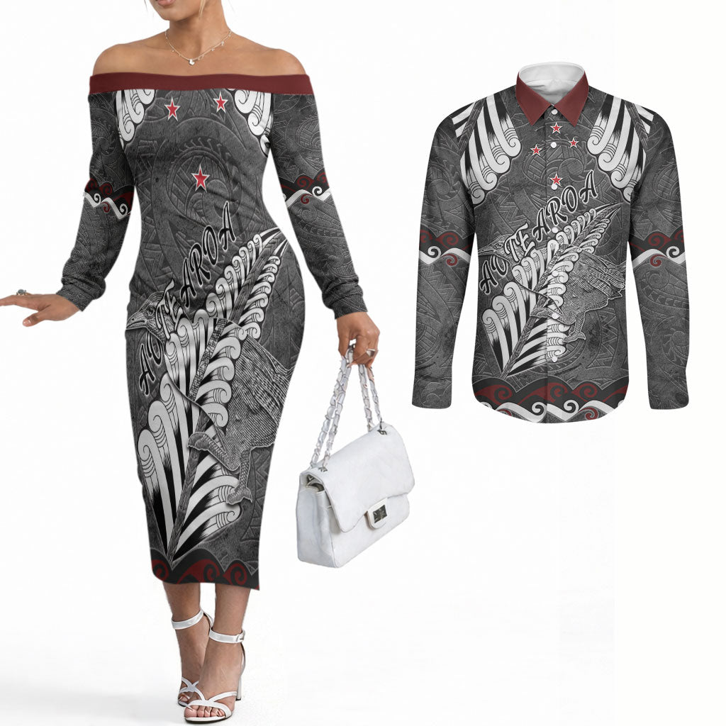 New Zealand Weka Personalised Couples Matching Off The Shoulder Long Sleeve Dress and Long Sleeve Button Shirt Aotearoa Hen Silver Fern Maori Pattern LT22 Black - Polynesian Pride