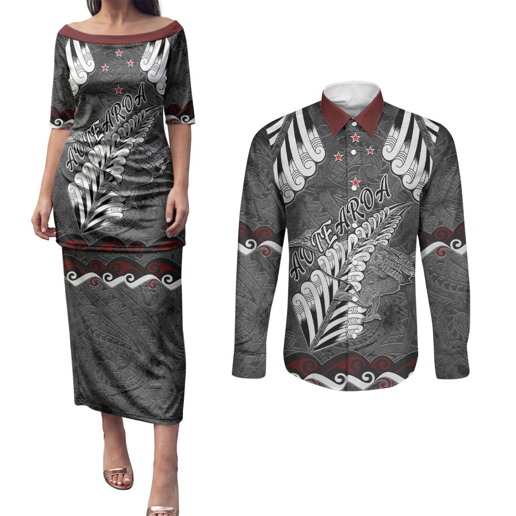New Zealand Weka Personalised Couples Matching Puletasi and Long Sleeve Button Shirt Aotearoa Hen Silver Fern Maori Pattern LT22 Black - Polynesian Pride