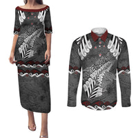 New Zealand Weka Personalised Couples Matching Puletasi and Long Sleeve Button Shirt Aotearoa Hen Silver Fern Maori Pattern