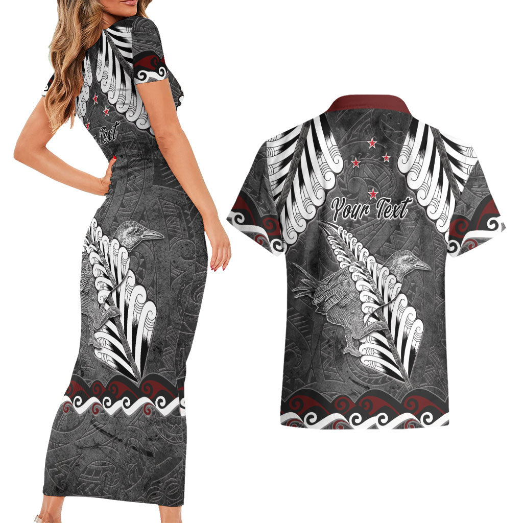 New Zealand Weka Personalised Couples Matching Short Sleeve Bodycon Dress and Hawaiian Shirt Aotearoa Hen Silver Fern Maori Pattern