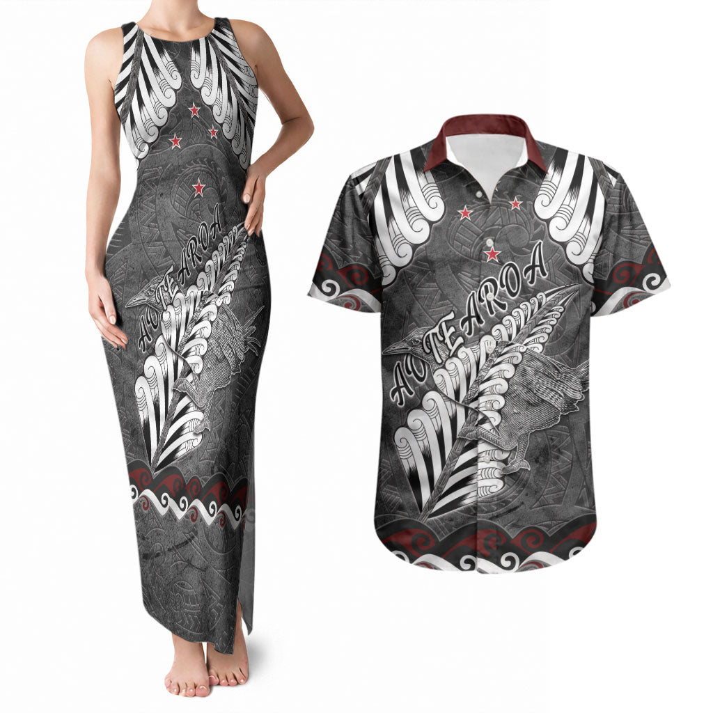 New Zealand Weka Personalised Couples Matching Tank Maxi Dress and Hawaiian Shirt Aotearoa Hen Silver Fern Maori Pattern LT22 Black - Polynesian Pride