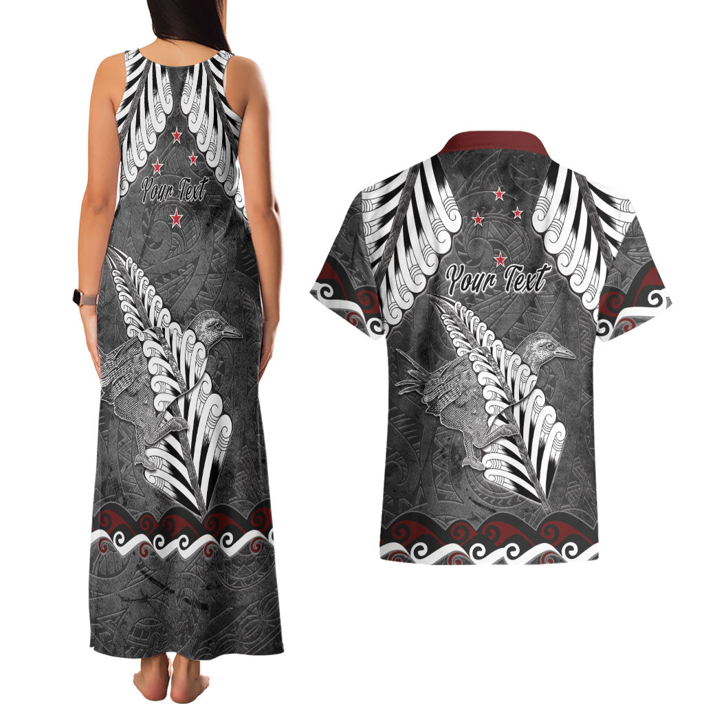 New Zealand Weka Personalised Couples Matching Tank Maxi Dress and Hawaiian Shirt Aotearoa Hen Silver Fern Maori Pattern