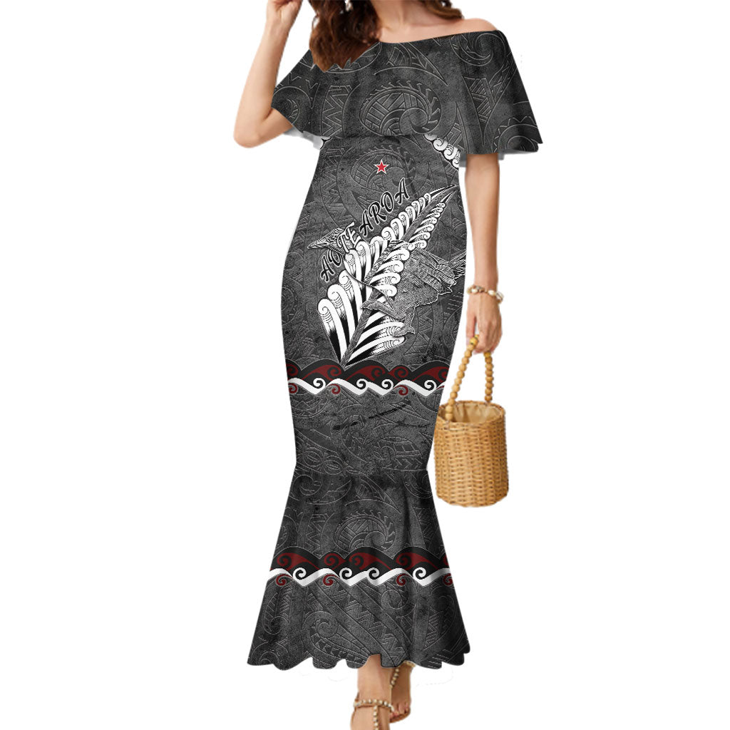 New Zealand Weka Personalised Family Matching Mermaid Dress and Hawaiian Shirt Aotearoa Hen Silver Fern Maori Pattern