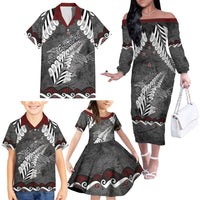 New Zealand Weka Personalised Family Matching Off The Shoulder Long Sleeve Dress and Hawaiian Shirt Aotearoa Hen Silver Fern Maori Pattern
