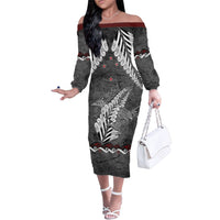 New Zealand Weka Personalised Family Matching Off The Shoulder Long Sleeve Dress and Hawaiian Shirt Aotearoa Hen Silver Fern Maori Pattern