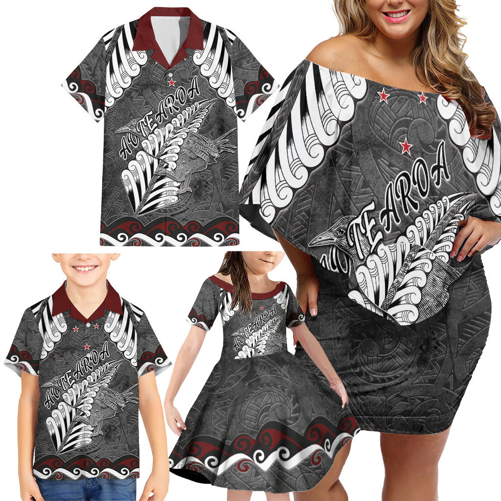 New Zealand Weka Personalised Family Matching Off Shoulder Short Dress and Hawaiian Shirt Aotearoa Hen Silver Fern Maori Pattern