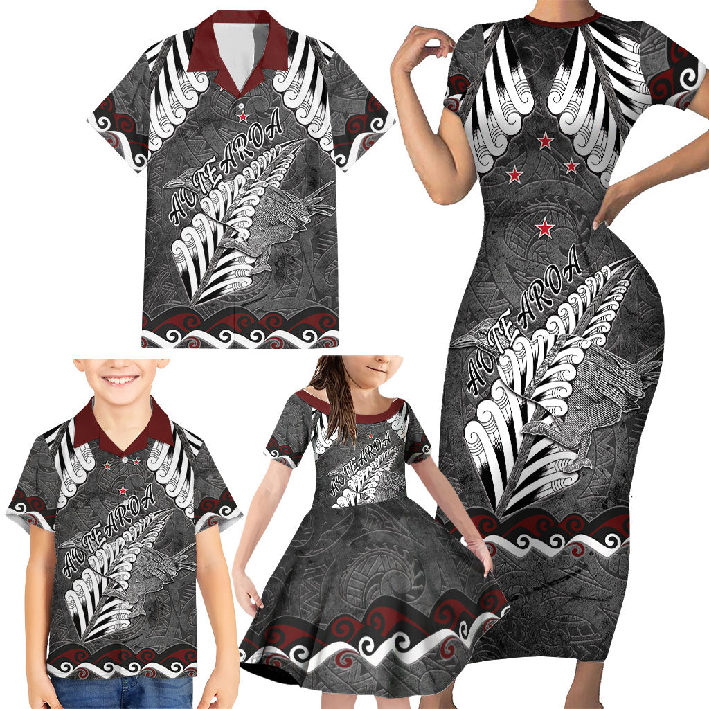 New Zealand Weka Personalised Family Matching Short Sleeve Bodycon Dress and Hawaiian Shirt Aotearoa Hen Silver Fern Maori Pattern