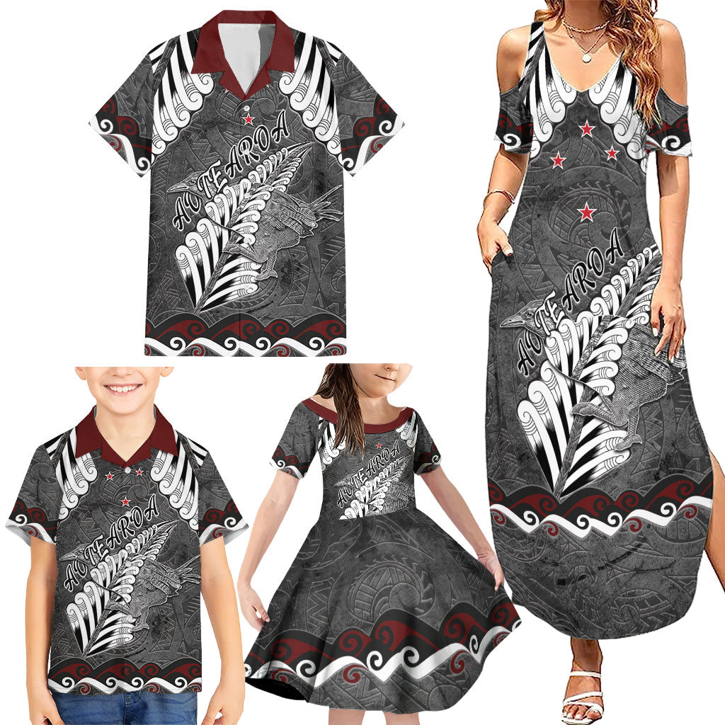 New Zealand Weka Personalised Family Matching Summer Maxi Dress and Hawaiian Shirt Aotearoa Hen Silver Fern Maori Pattern