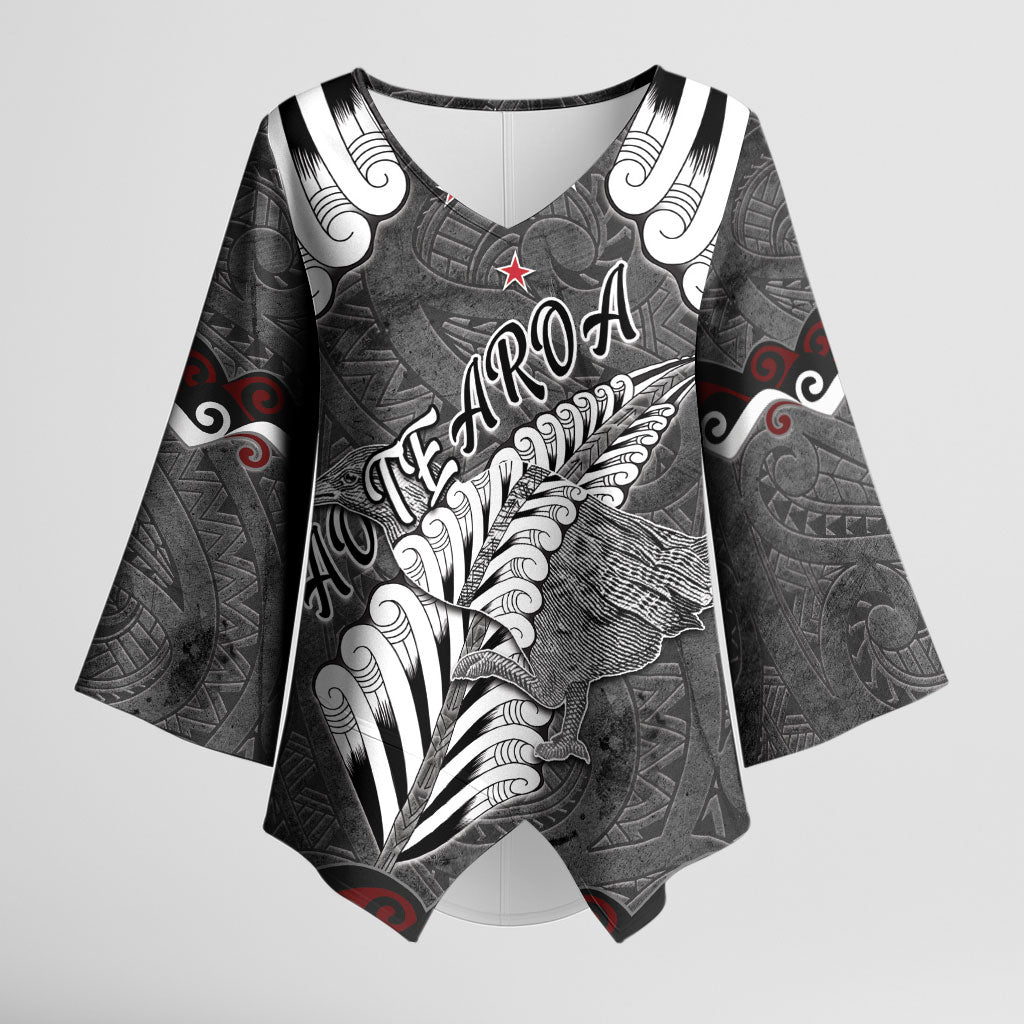 New Zealand Weka Personalised Kimono Sleeve Blouse Aotearoa Hen Silver Fern Maori Pattern
