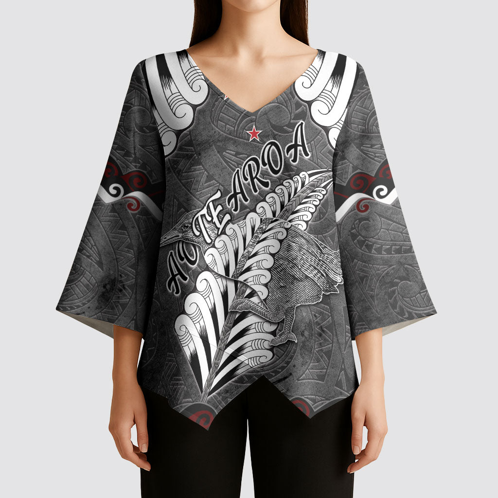 New Zealand Weka Personalised Kimono Sleeve Blouse Aotearoa Hen Silver Fern Maori Pattern