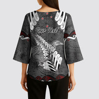 New Zealand Weka Personalised Kimono Sleeve Blouse Aotearoa Hen Silver Fern Maori Pattern