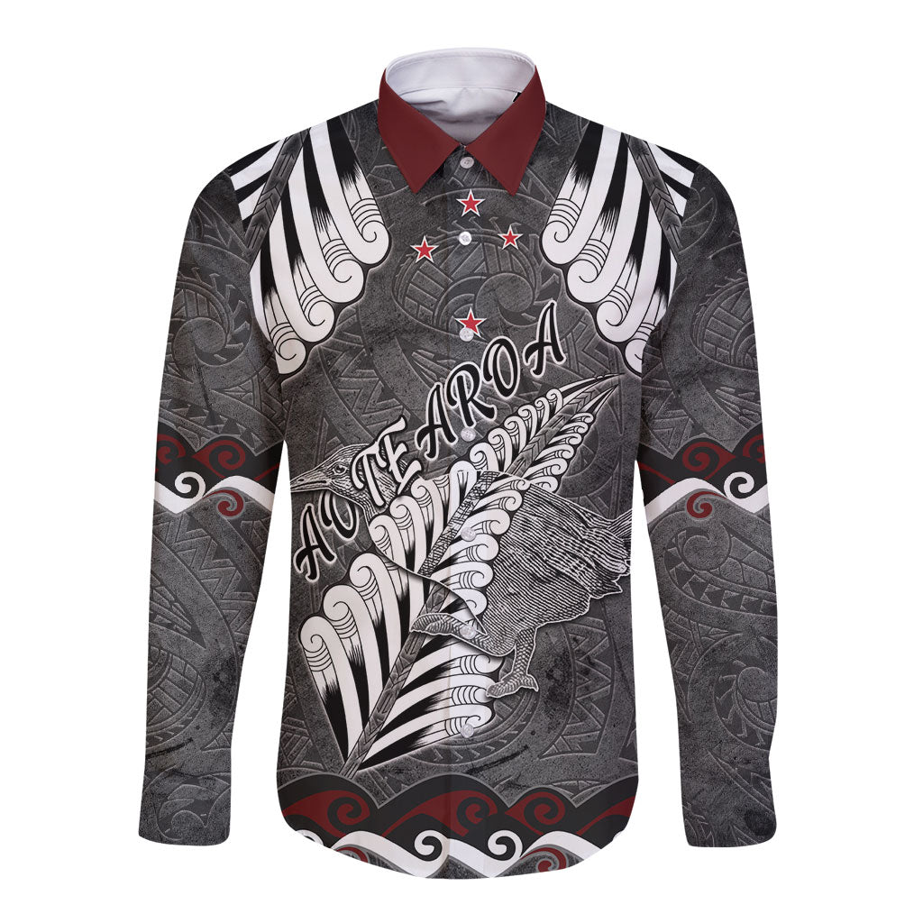 New Zealand Weka Personalised Long Sleeve Button Shirt Aotearoa Hen Silver Fern Maori Pattern