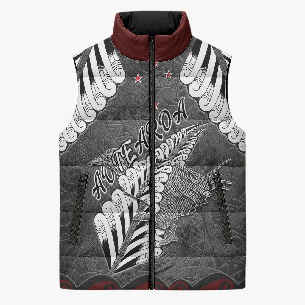 New Zealand Weka Personalised Sleeveless Puffer Jacket Aotearoa Hen Silver Fern Maori Pattern LT22 Unisex Black - Polynesian Pride