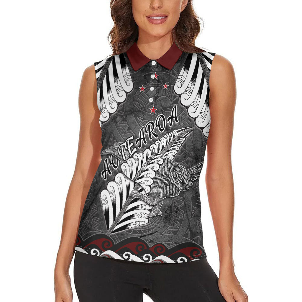 New Zealand Weka Personalised Women Sleeveless Polo Shirt Aotearoa Hen Silver Fern Maori Pattern