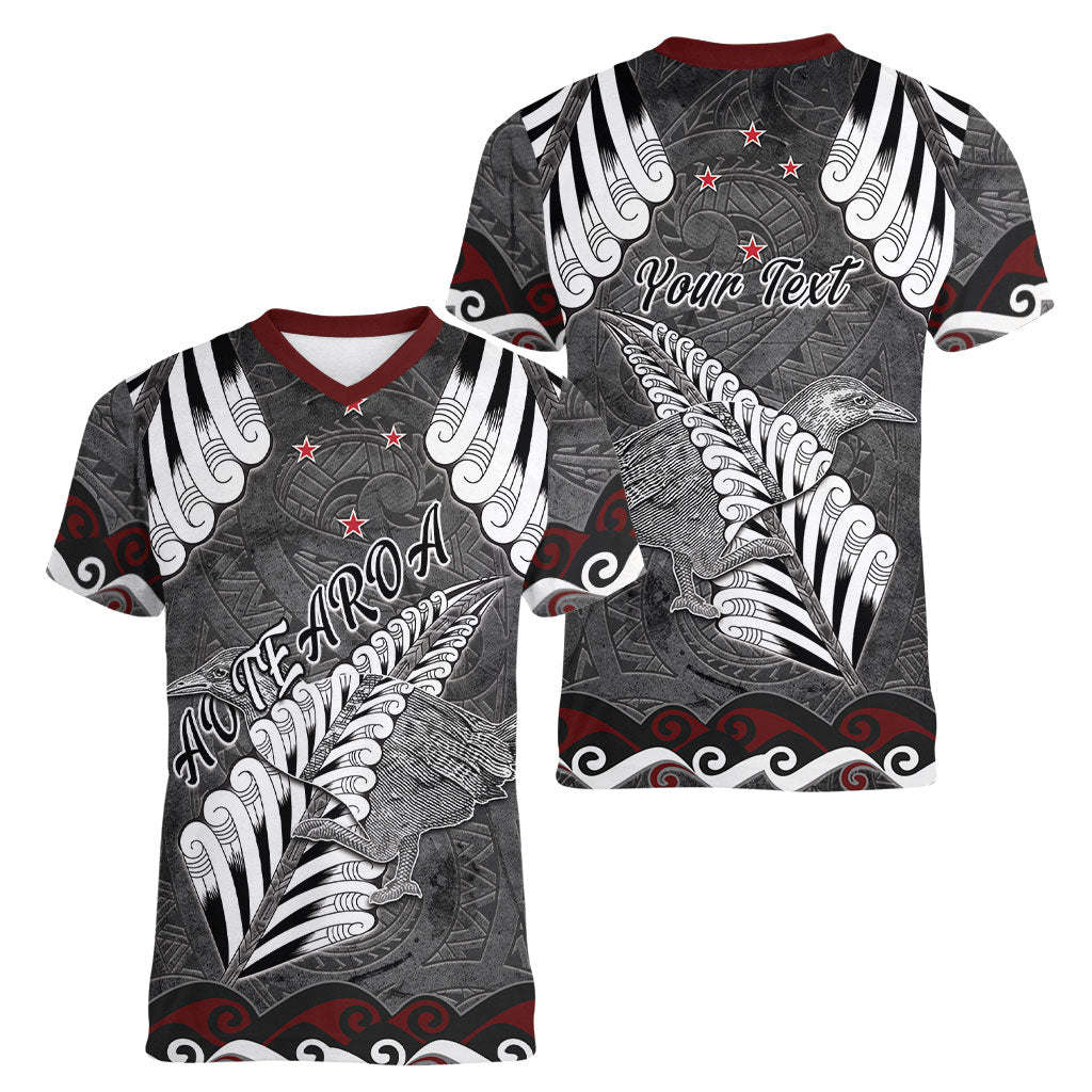 New Zealand Weka Personalised Women V-Neck T-Shirt Aotearoa Hen Silver Fern Maori Pattern