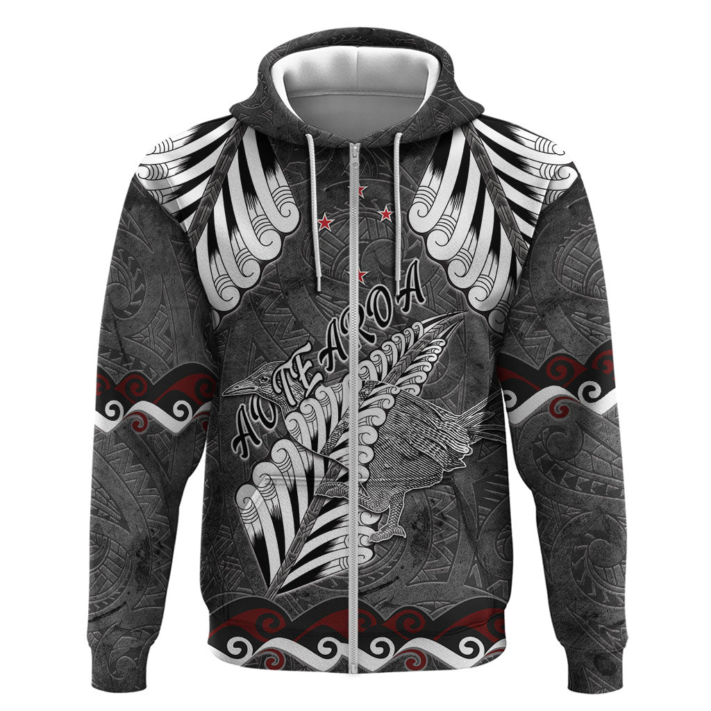 New Zealand Weka Personalised Zip Hoodie Aotearoa Hen Silver Fern Maori Pattern LT22 Zip Hoodie Black - Polynesian Pride