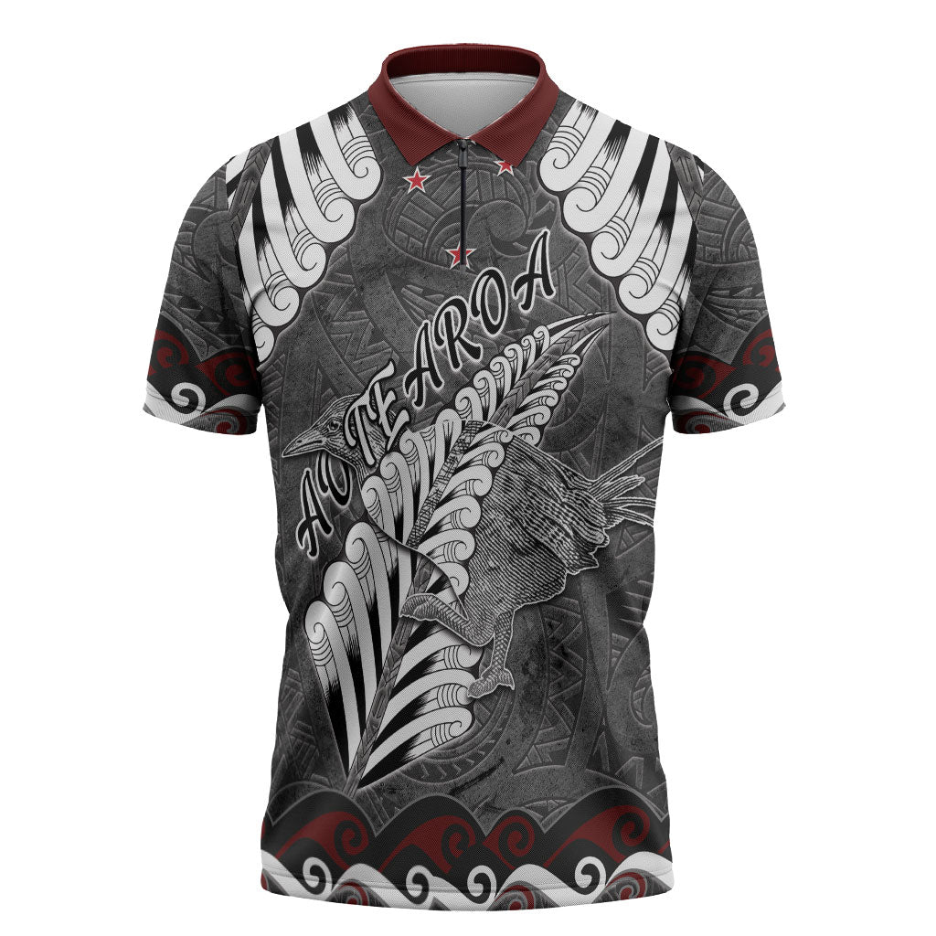 New Zealand Weka Personalised Zipper Polo Shirt Aotearoa Hen Silver Fern Maori Pattern