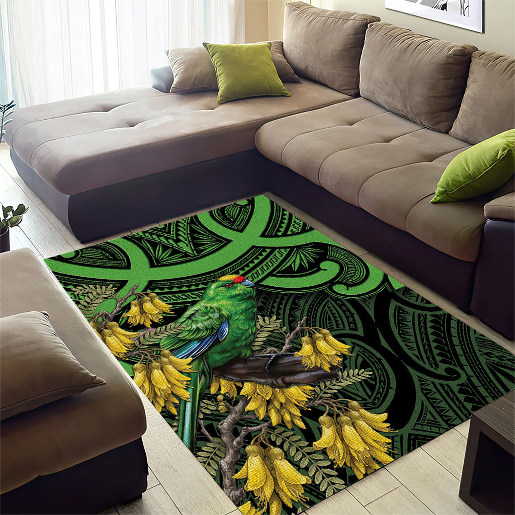 New Zealand Parakeet Bird Area Rug Maori Kakariki Kowhai Maori Pattern